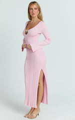 Wilde Midi Dress - Textured Stripe Knit V Neck Metal Trim Dress in Pink