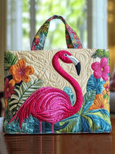 Pink flamingo and floral print quilted tote bag