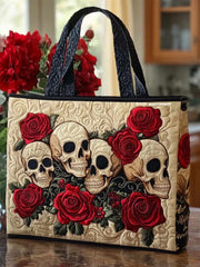 Skull and red rose Quilted Tote Bag