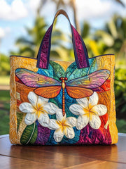 Plumeria Dragonfly Quilted Tote Bag