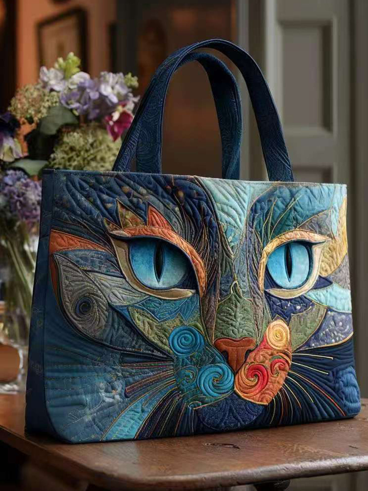 Animal-print blue cat quilted tote bag