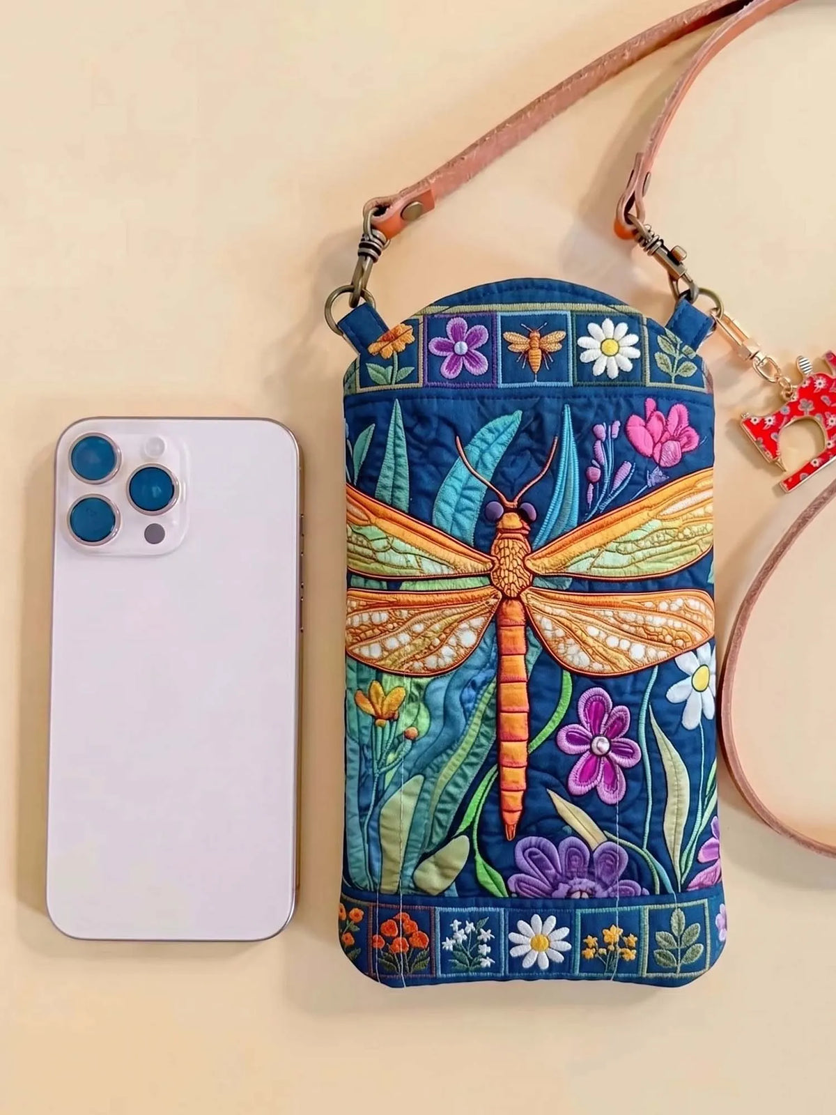 Jungle Dragonfly Wildflower Quilted Slim Phone Crossbody Bag