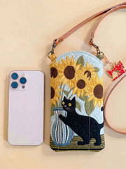Sunflower And Black Cat Quilted Slim Phone Crossbody Bag