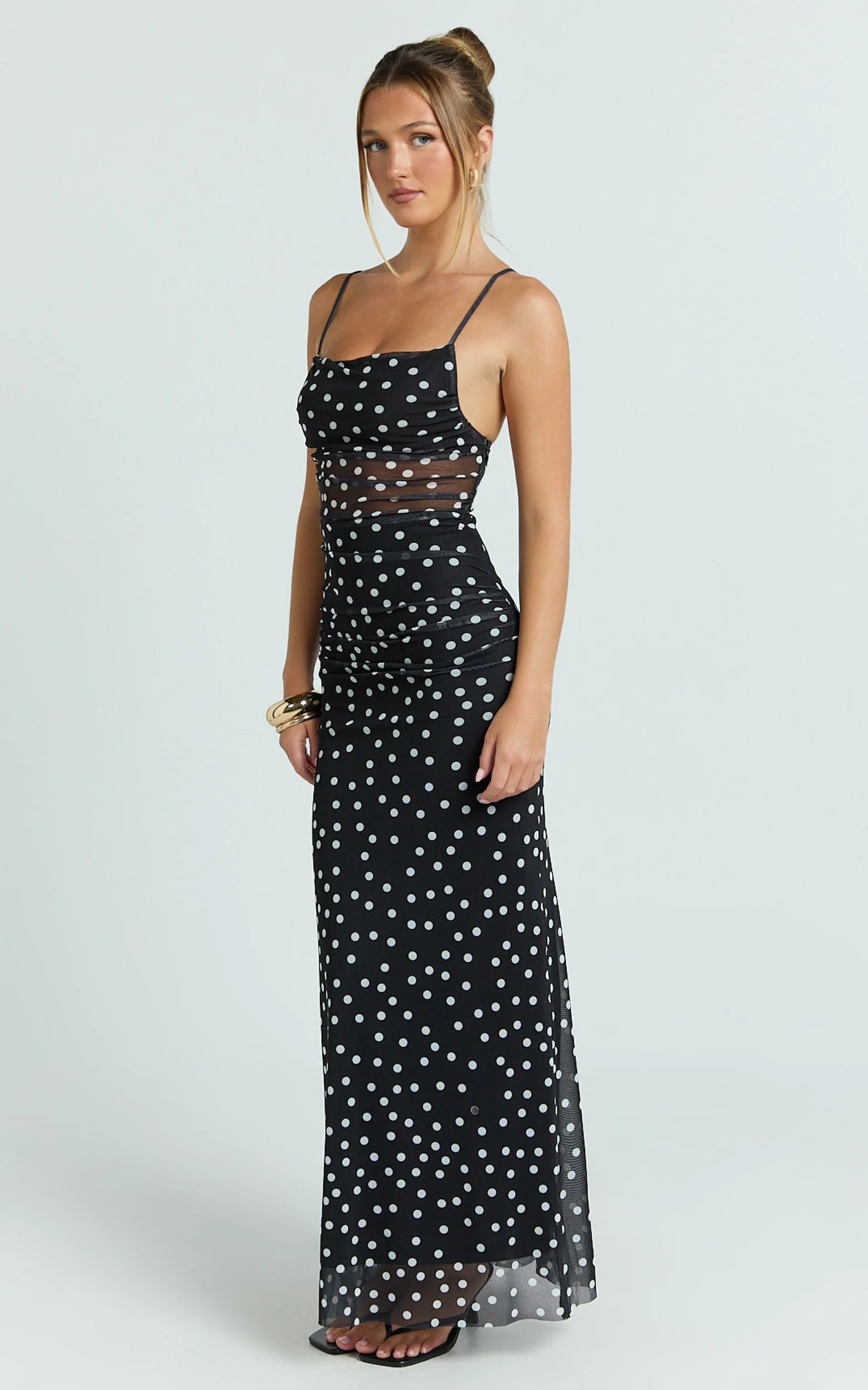 Gia Maxi Dress - Straight Neck Fitted Dress in Black White Spot