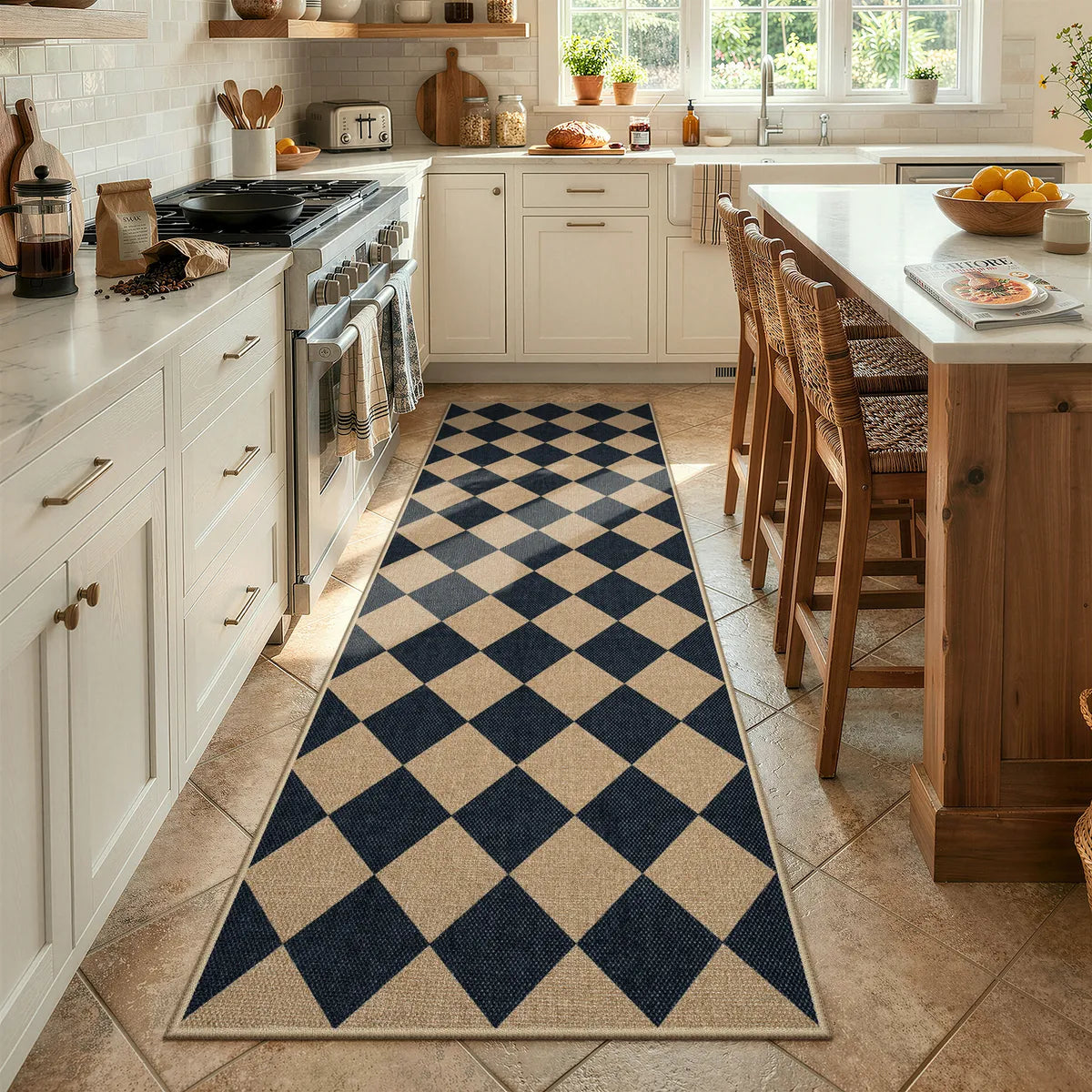 Coline Washable Geometric Checkered Easy Jute Black Indoor/Outdoor Runner Rug