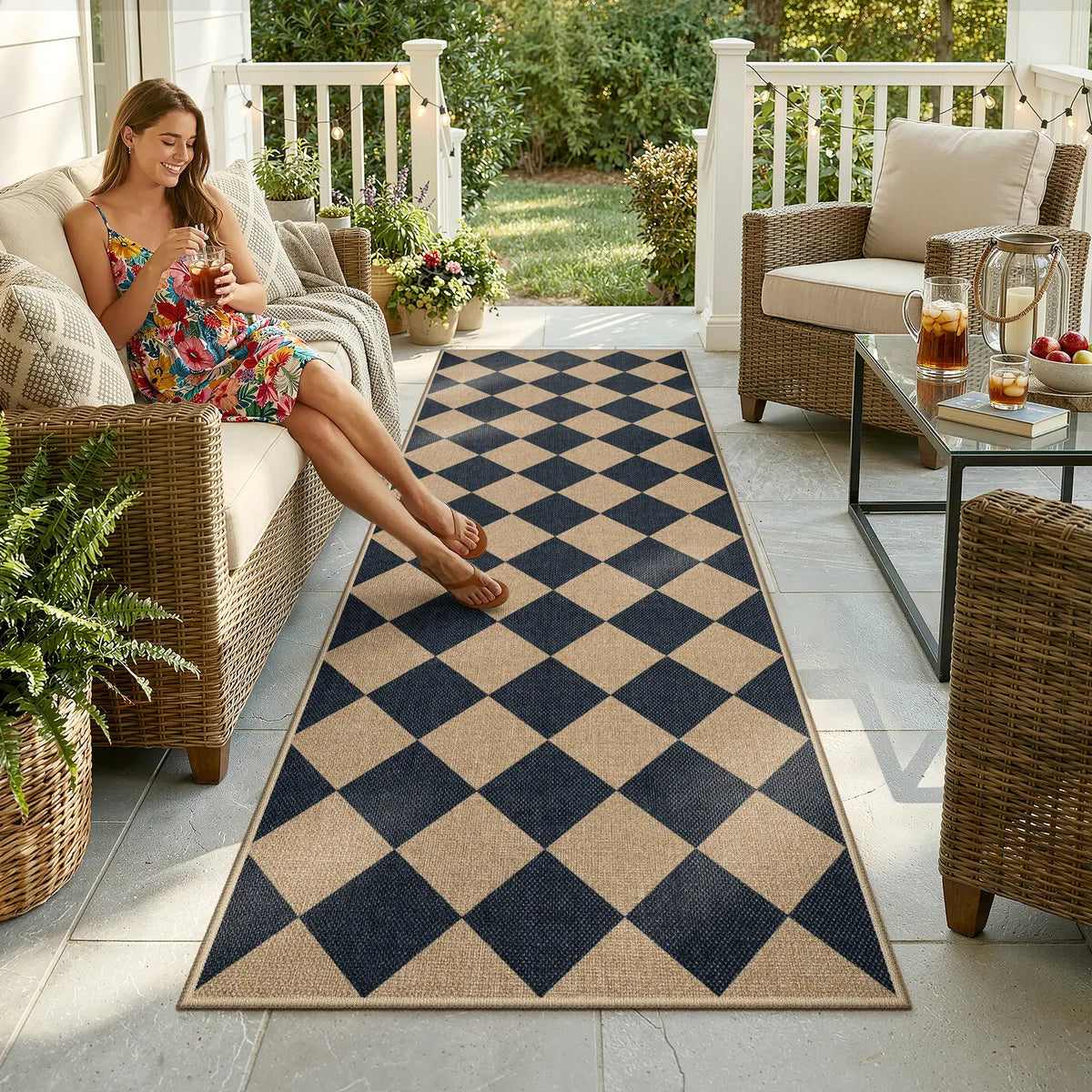 Coline Washable Geometric Checkered Easy Jute Black Indoor/Outdoor Runner Rug