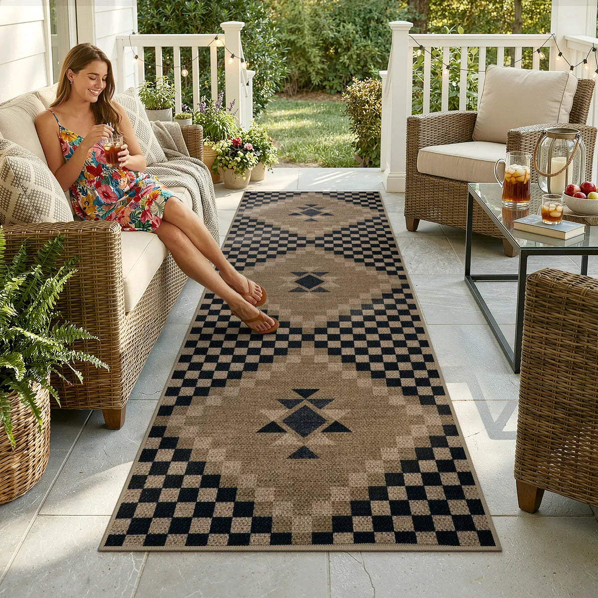 Lunette Washable Tribal Soft Easy Jute Black Indoor/Outdoor Runner Rug