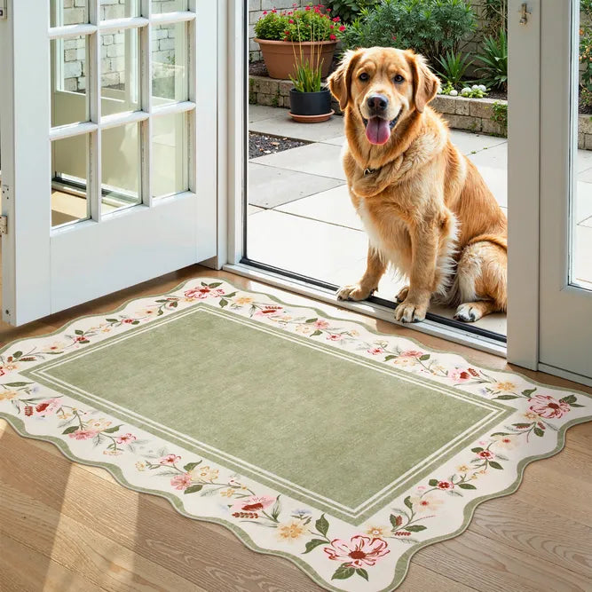 Ariele Washable Vintage Floral Scalloped Sage Green Rug