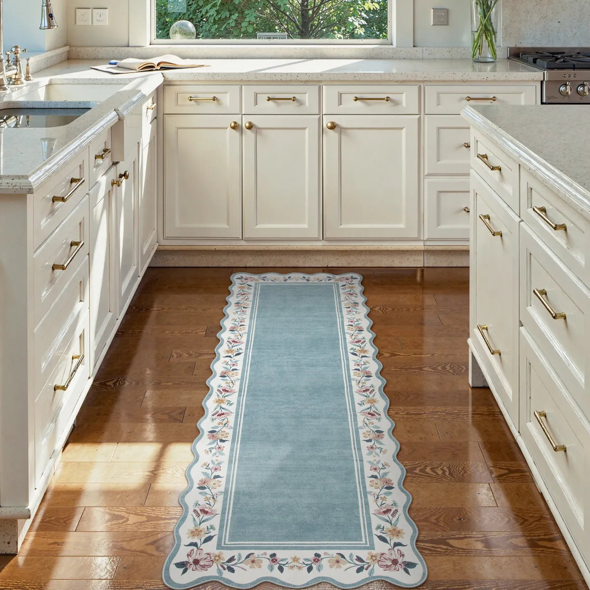Ariele Washable Vintage Floral Scalloped Dusty Blue Rug