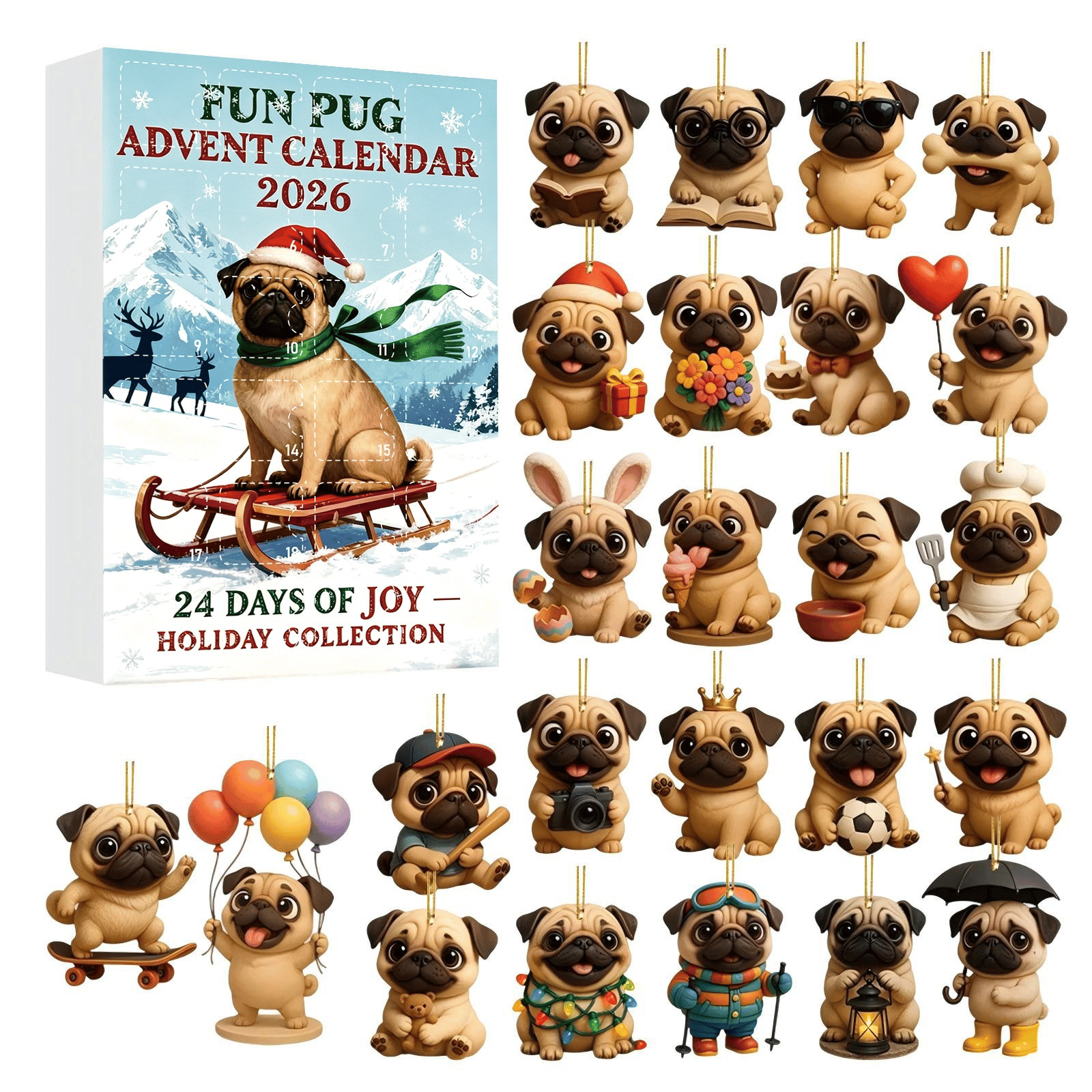 2026 Pug Christmas Ornament Advent Calendar (24-Piece Set) Blind Box