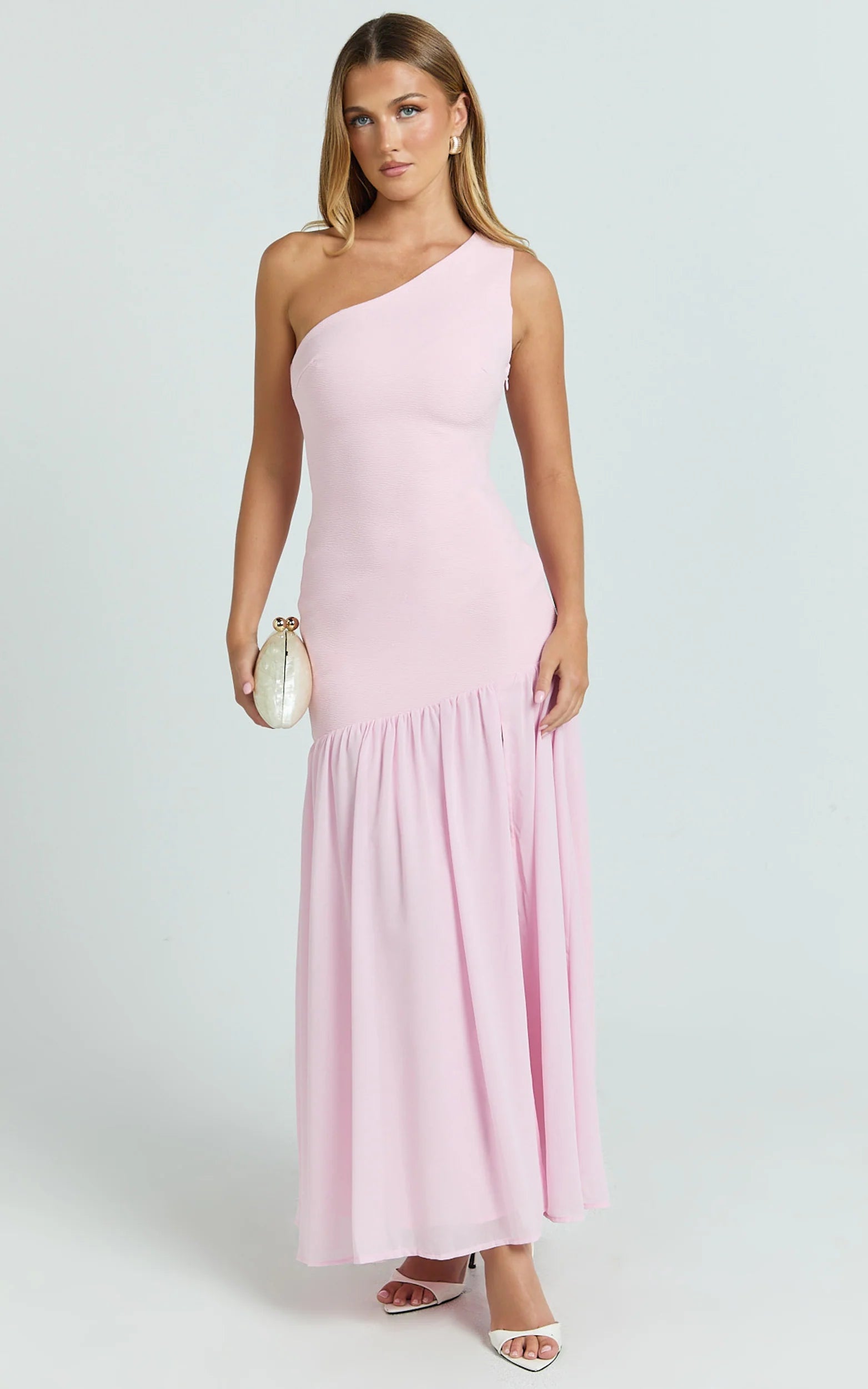 Zia Maxi Dress - One Shoulder Sheer Skirt Dress in Pink