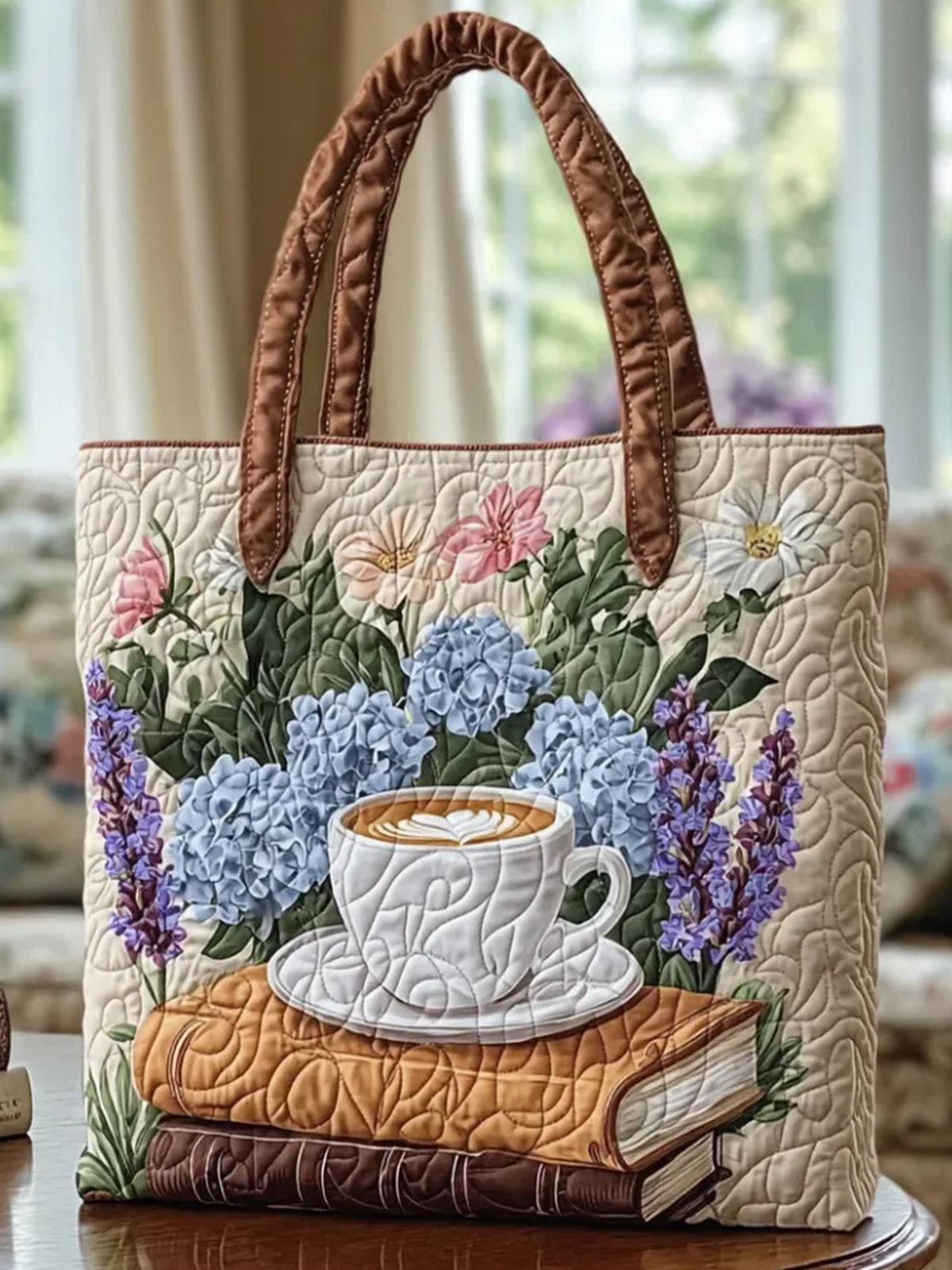 Coffee Cup  Plants Flowers    Quilted Tote Bag