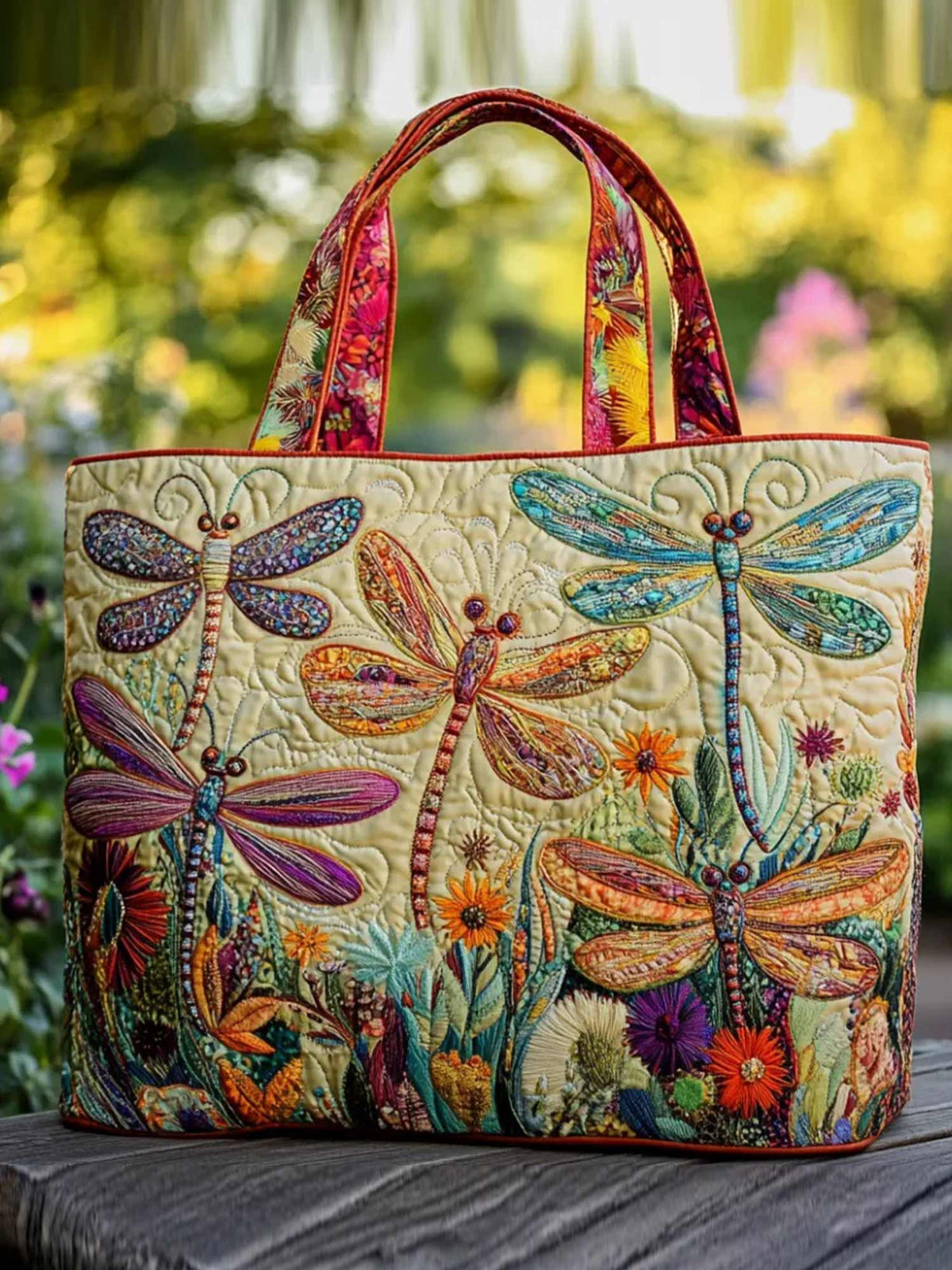 Colorful Dragonflies And Flowers Quilted Tote Bag