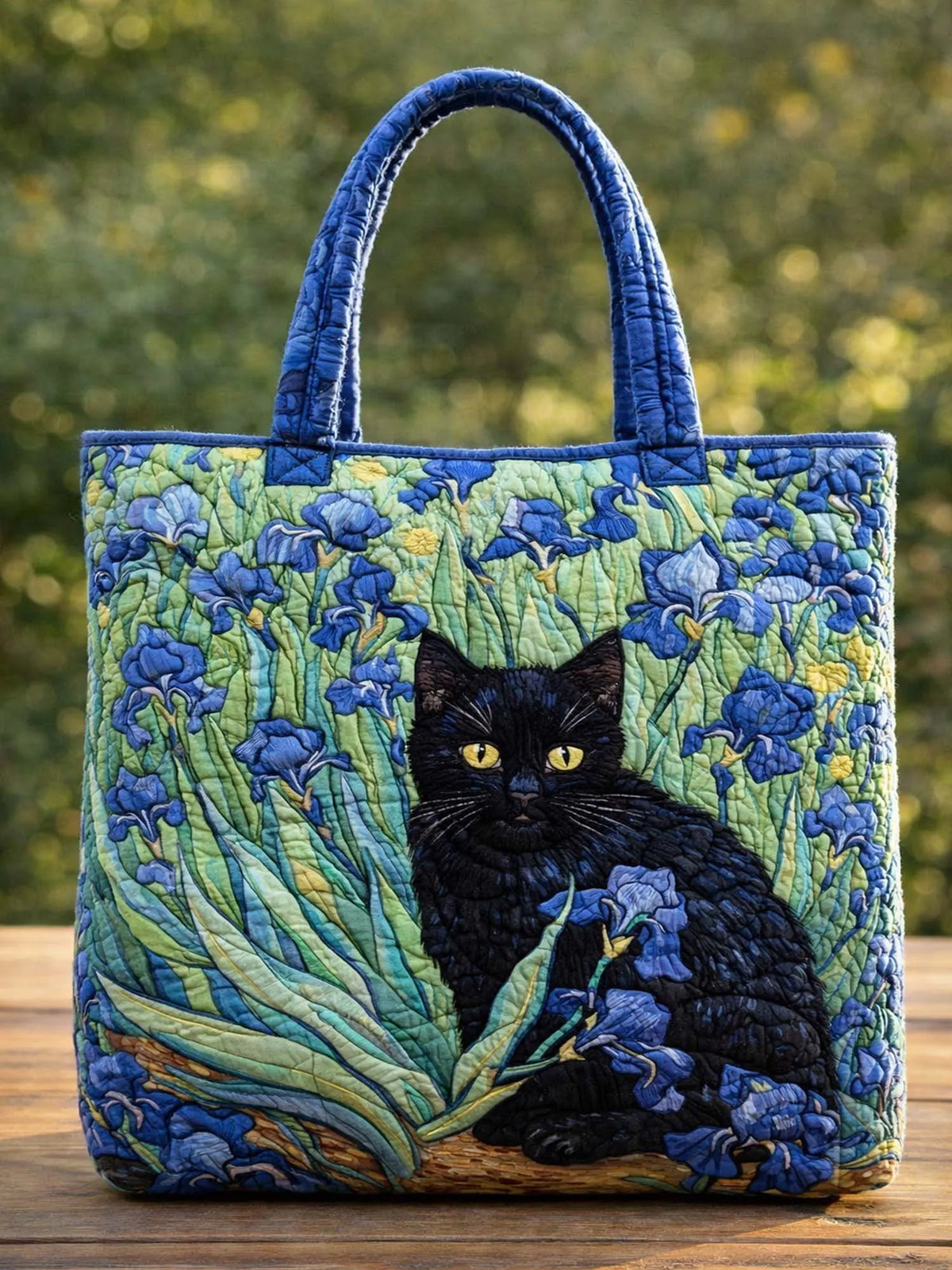 Irises And Cat Quilted Tote Bag