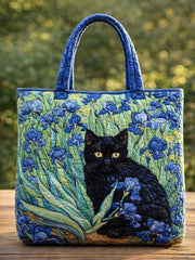 Irises And Cat Quilted Tote Bag
