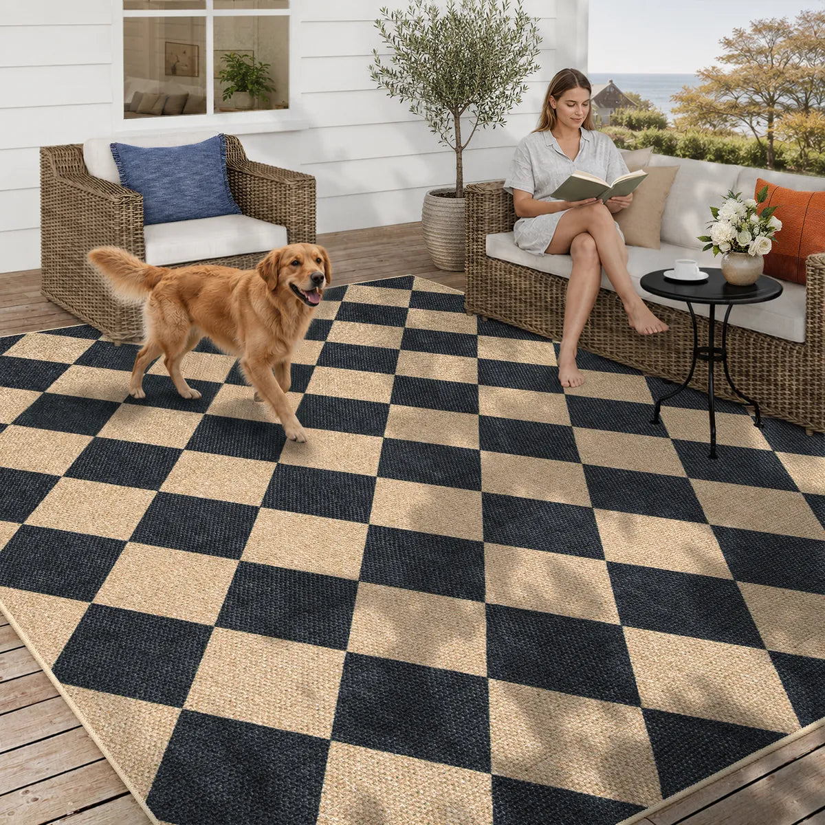 Coline Washable Geometric Checkered Easy Jute Black Indoor/Outdoor Runner Rug