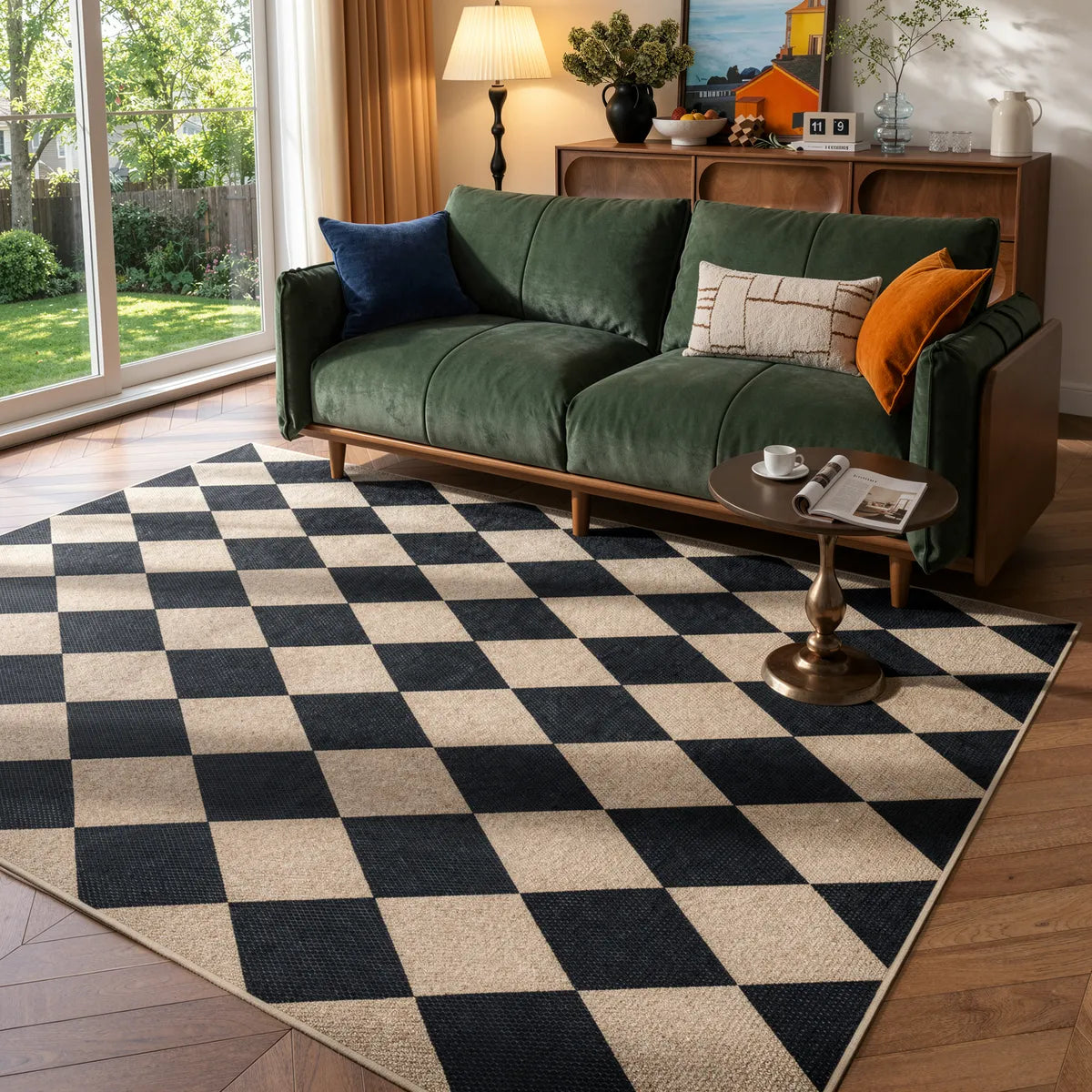 Coline Washable Geometric Checkered Easy Jute Black Indoor/Outdoor Runner Rug
