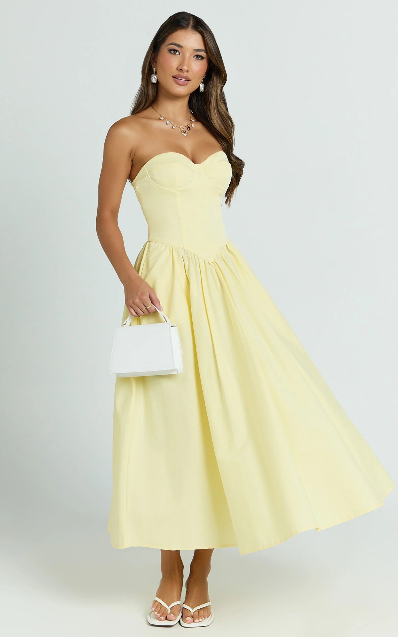 Daria Midi Dress - Strapless Corset Gathered Dress in Lemon