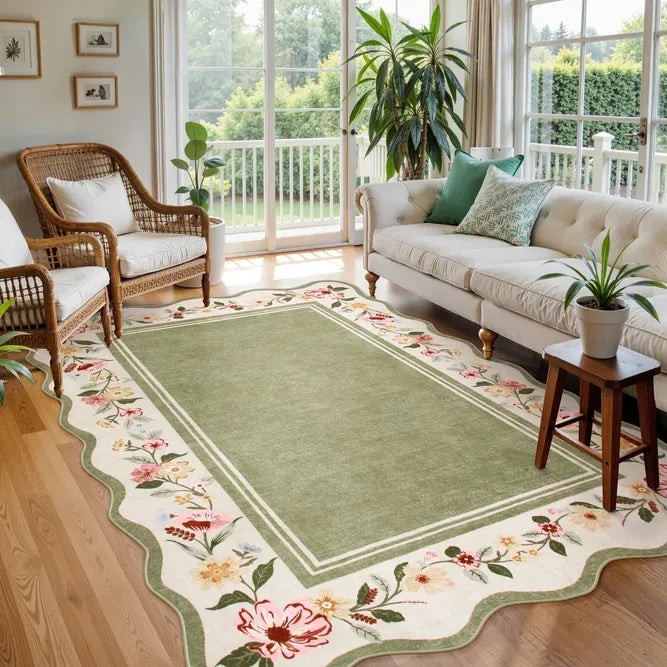 Ariele Washable Vintage Floral Scalloped Sage Green Rug