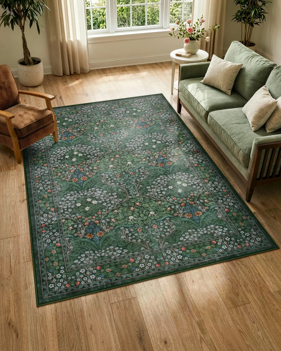 Giverny Washable Maximalism Vintage French Floral Dark Green Rug