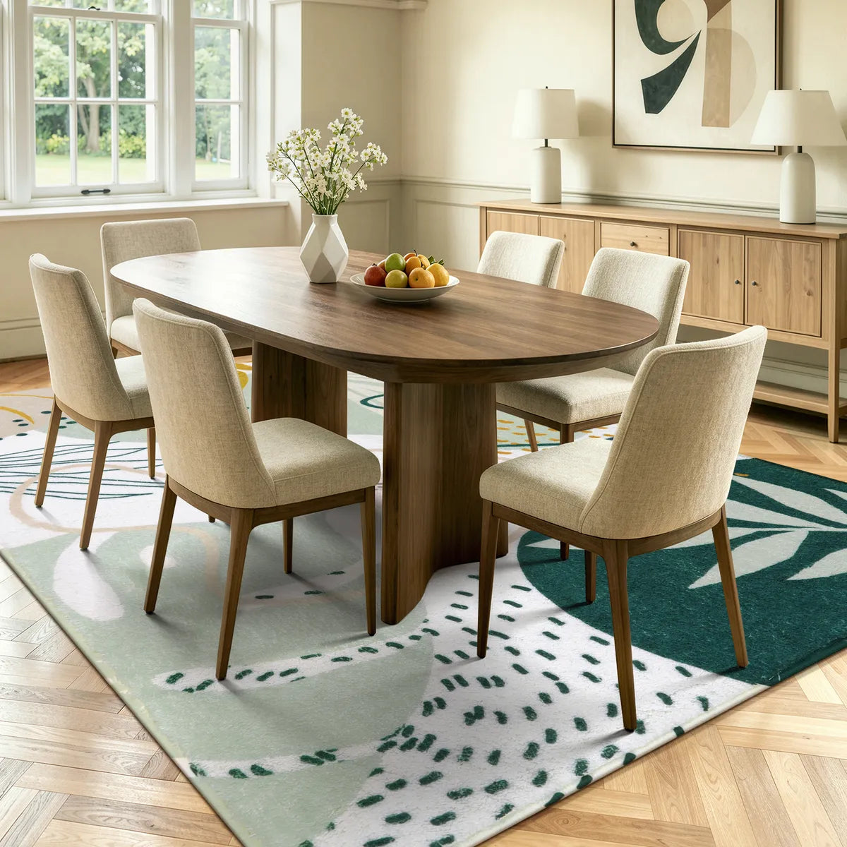 Kiki Washable Modern Botanical Leaf Print Green Rug