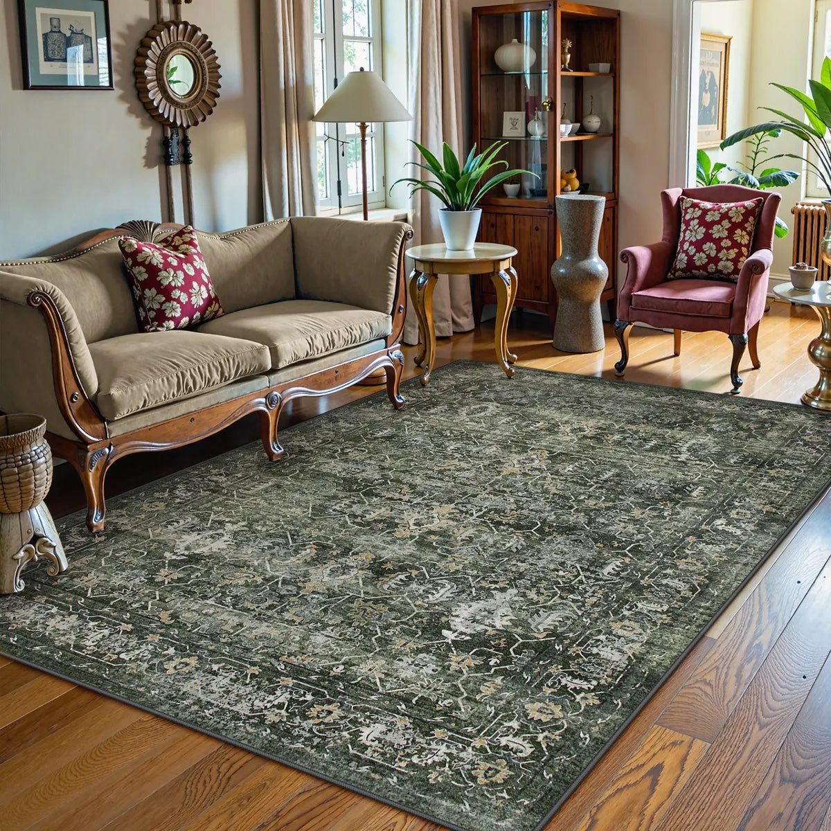 Margot Washable Vintage Distressed Dark Green Rug