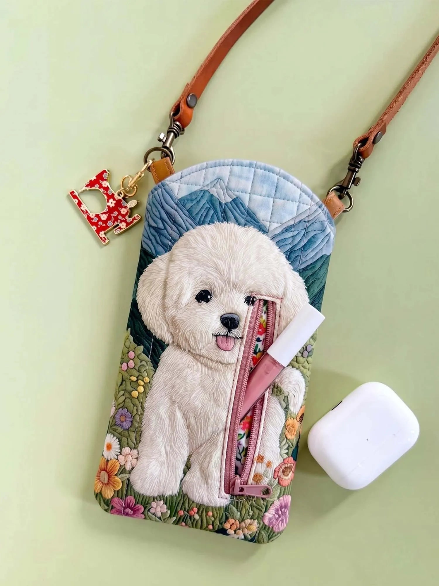 Mountain Floral Bichon Frise Quilted Slim Phone Crossbody Bag