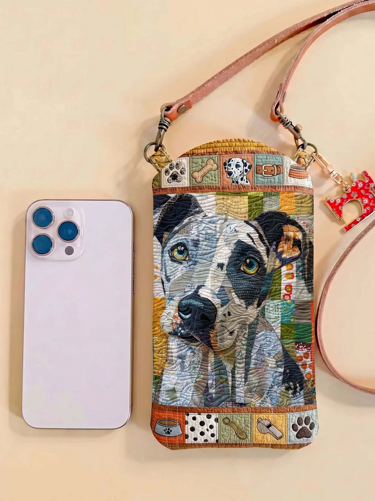 Patchwork Mixed Breed Dog Quilted Slim Phone Crossbody Bag