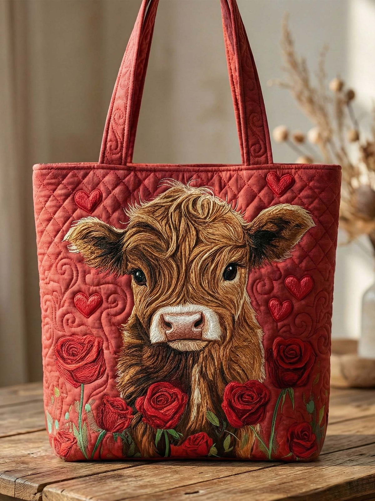 Valentine's Day Highland Cow Quilted Tote Bag