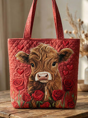 Valentine's Day Highland Cow Quilted Tote Bag
