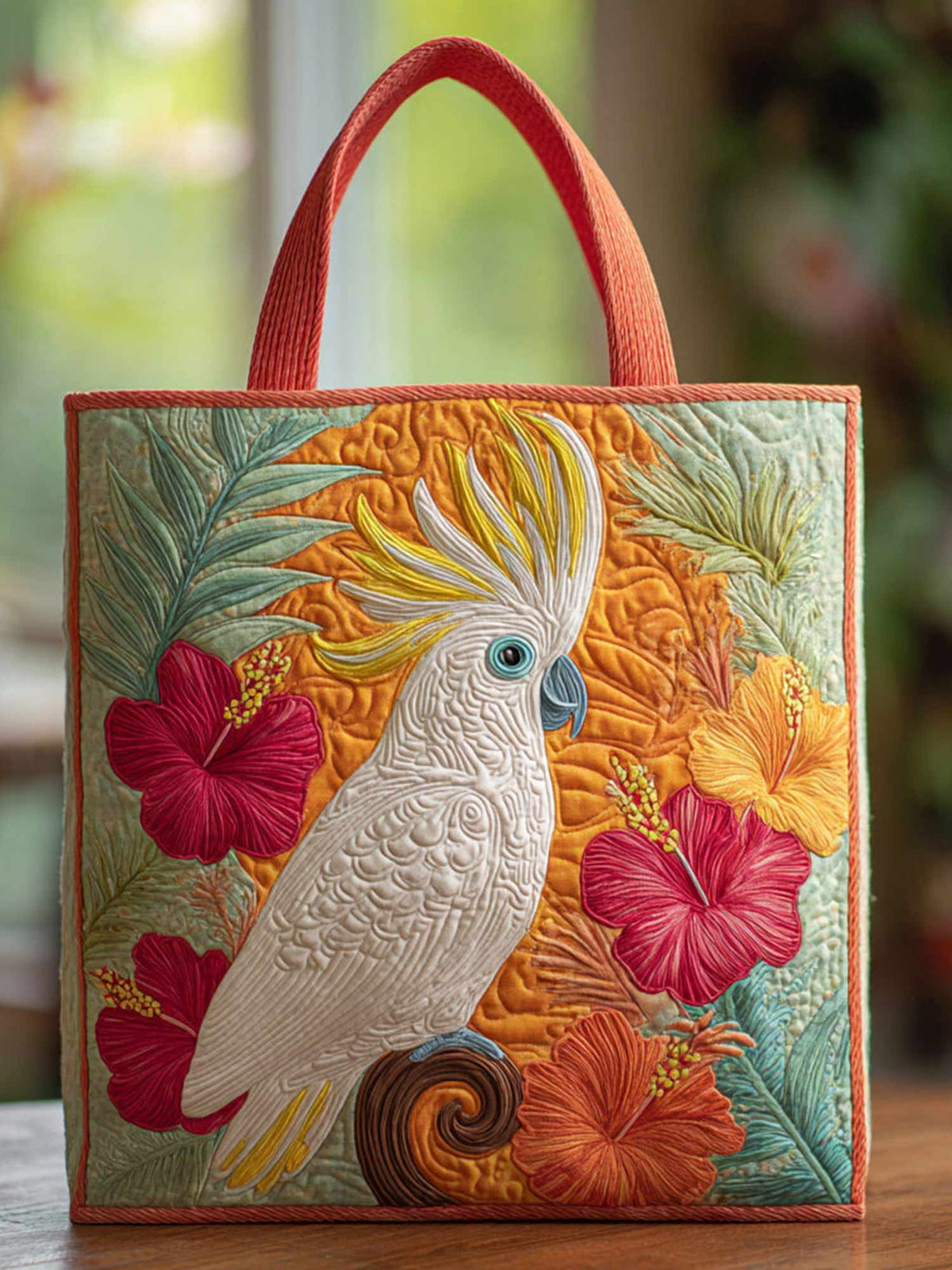 Cockatoo Hibiscus Flowers  Quilted Tote Bag