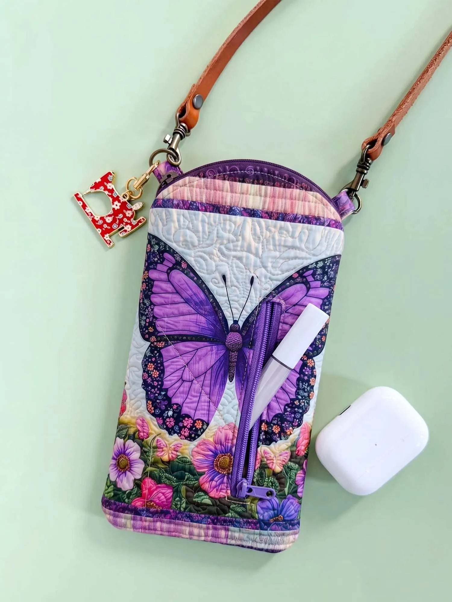 Purple Butterfly Garden Floral Quilted Slim Phone Crossbody Bag