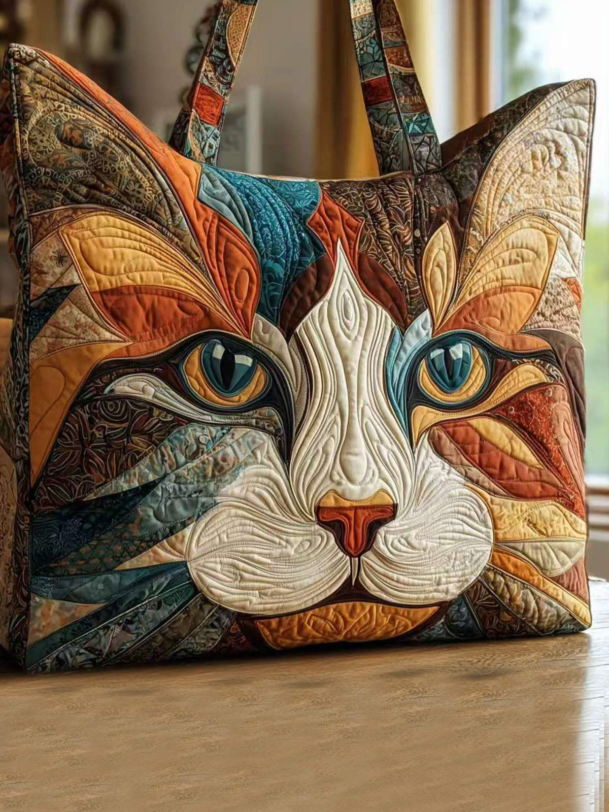 Animal-print orange cat print quilted tote bag