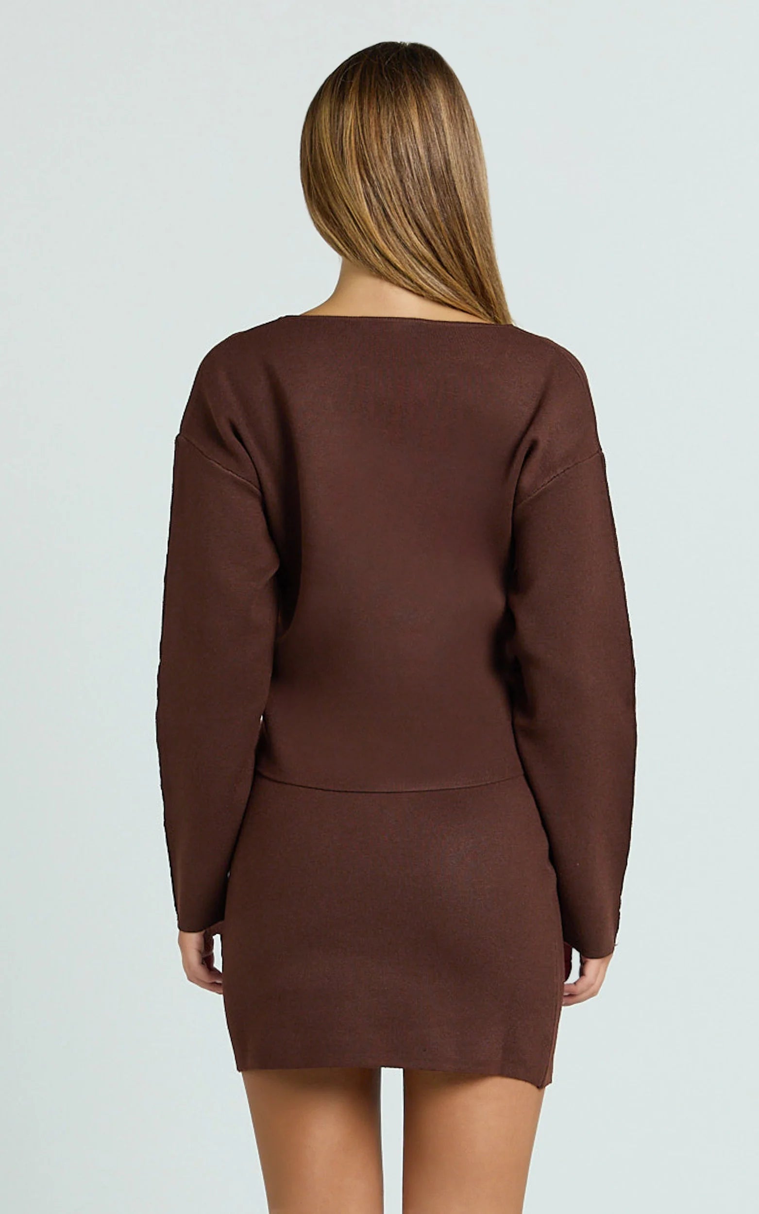 Charisse Two Piece Top and Skirt Set - Knit Cardigan And Mini Skirt in Chocolate