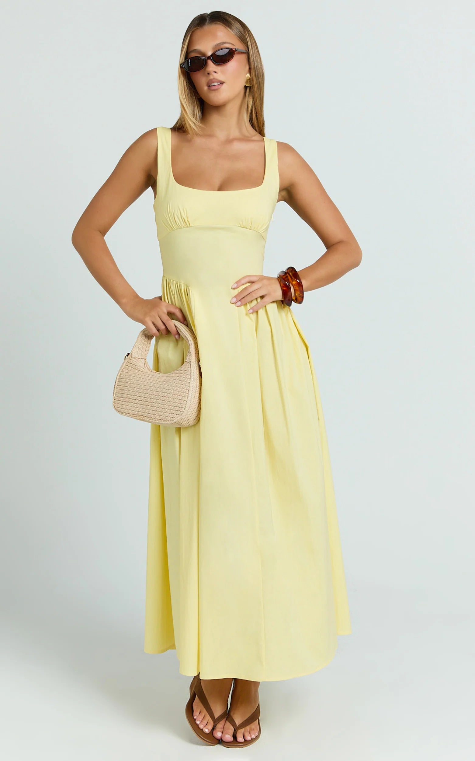 Donatella Midi Dress - Ruched Bust Fit And Flare Dress in Lemon