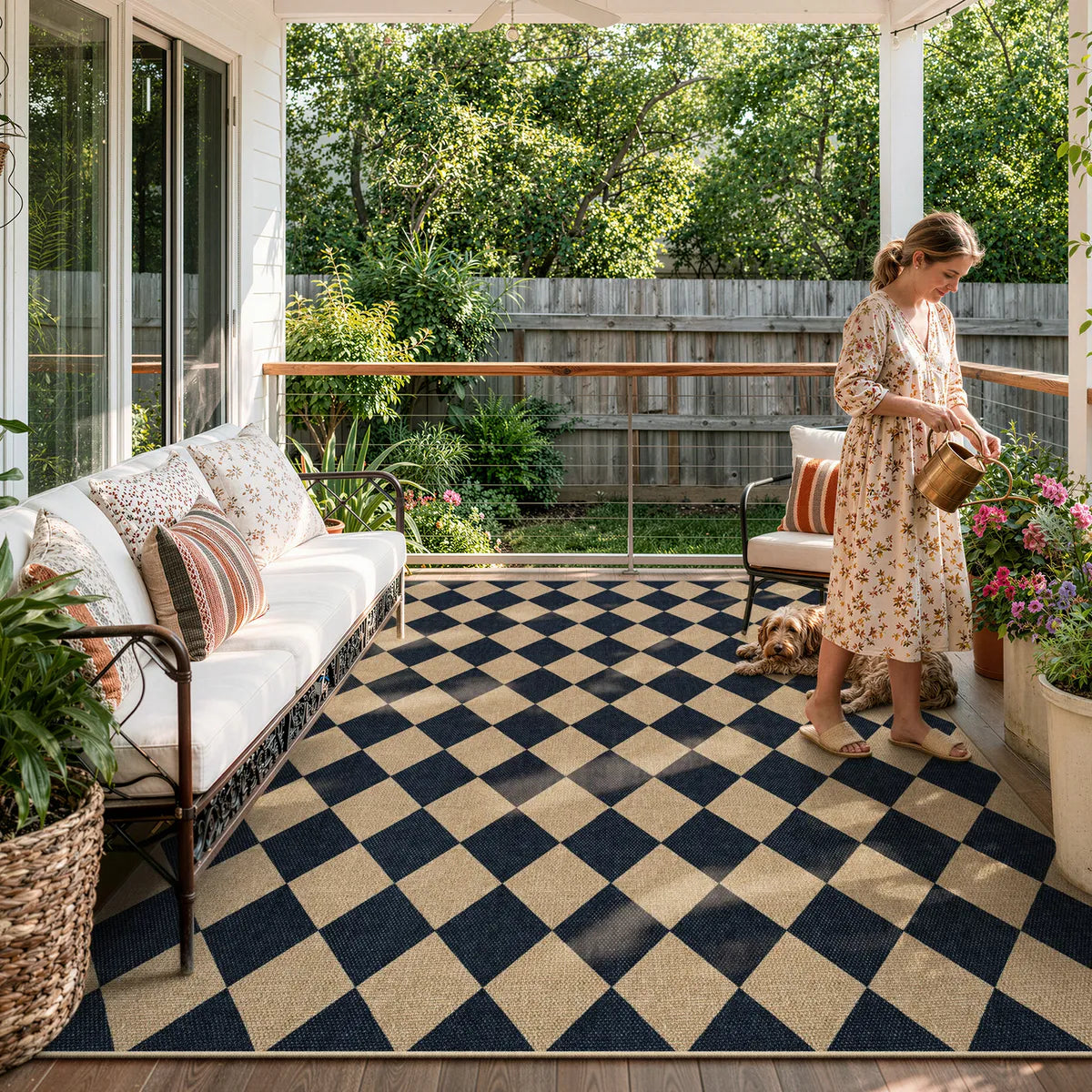 Coline Washable Geometric Checkered Easy Jute Black Indoor/Outdoor Runner Rug