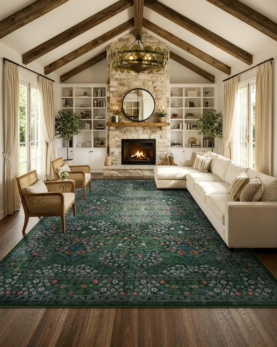 Giverny Washable Maximalism Vintage French Floral Dark Green Rug