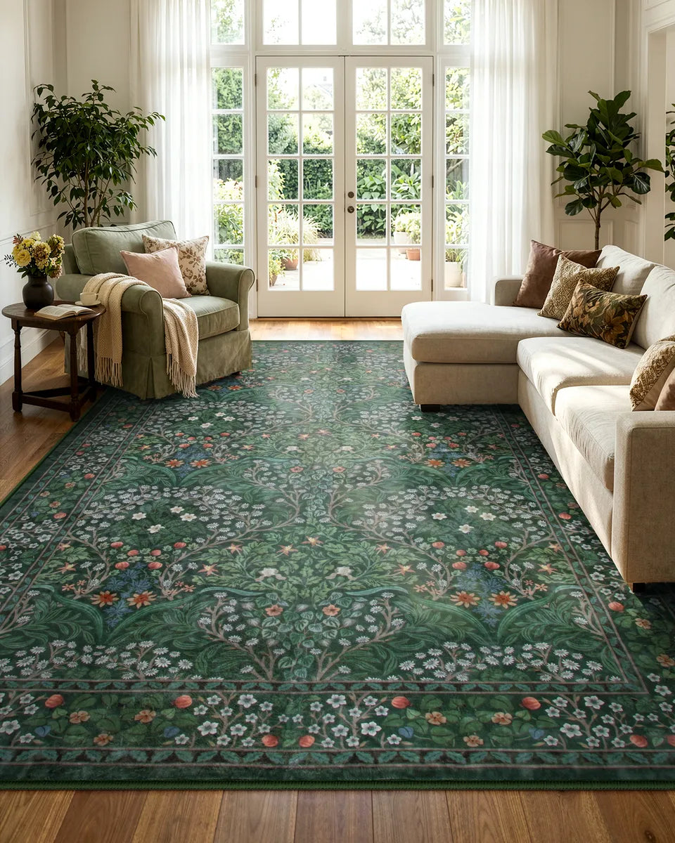 Giverny Washable Maximalism Vintage French Floral Dark Green Rug
