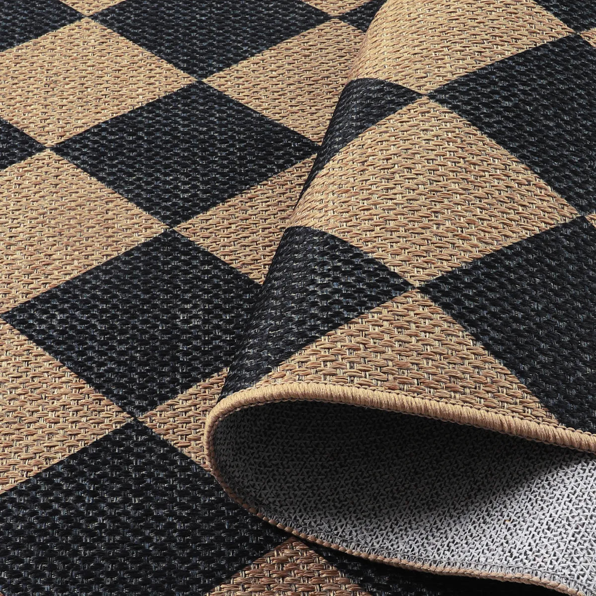 Coline Washable Geometric Checkered Easy Jute Black Indoor/Outdoor Runner Rug