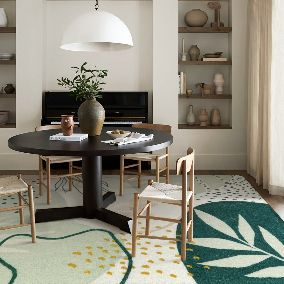 Kiki Washable Modern Botanical Leaf Print Green Rug