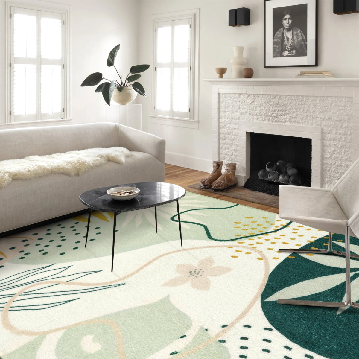Kiki Washable Modern Botanical Leaf Print Green Rug