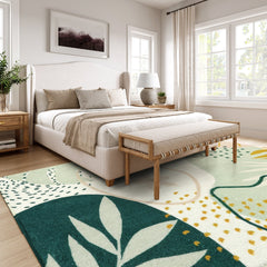 Kiki Washable Modern Botanical Leaf Print Green Rug