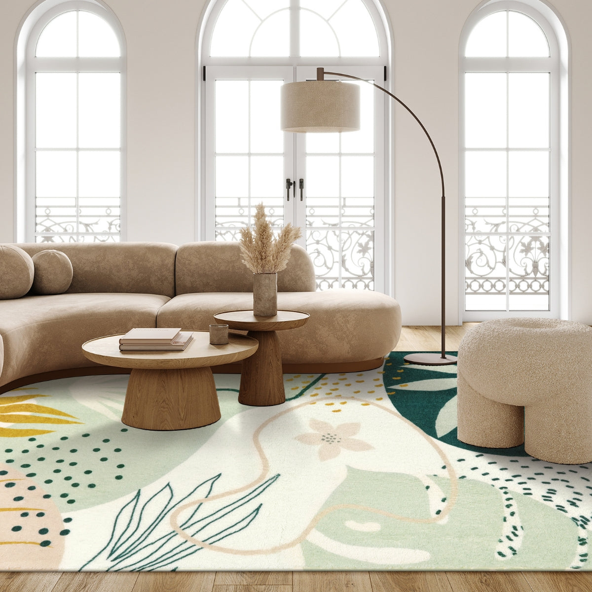 Kiki Washable Modern Botanical Leaf Print Green Rug
