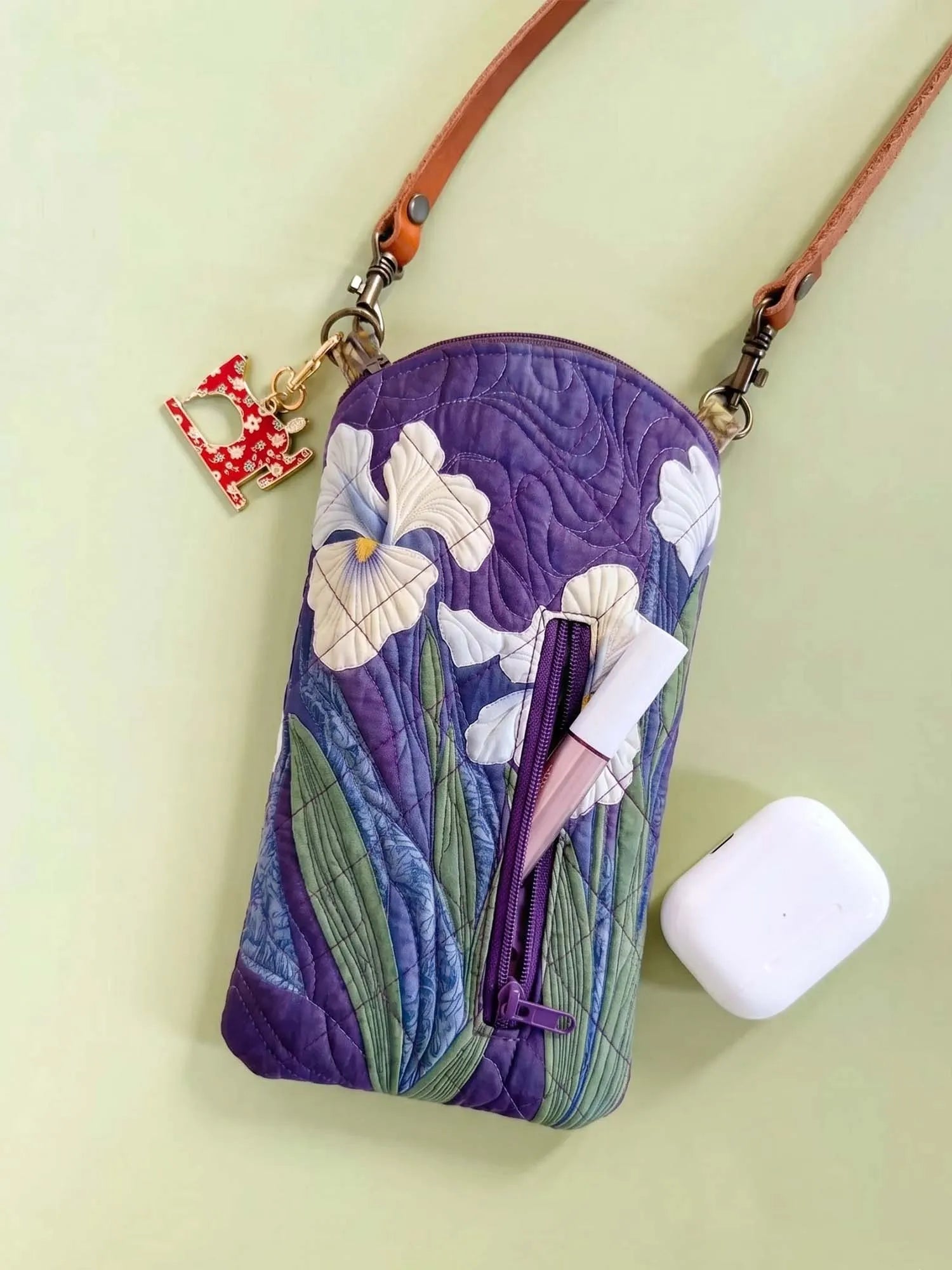 Iris Flower Quilted Slim Phone Crossbody Bag