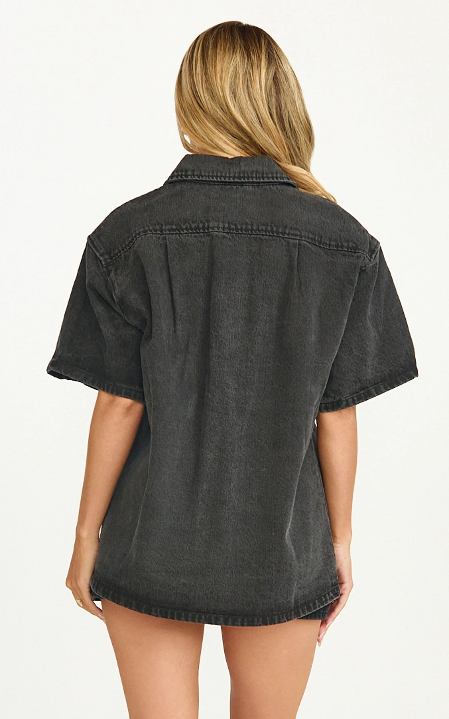 Iris Top - Oversized Recycled Denim Hardware Detail Short Sleeve Shirt in Black