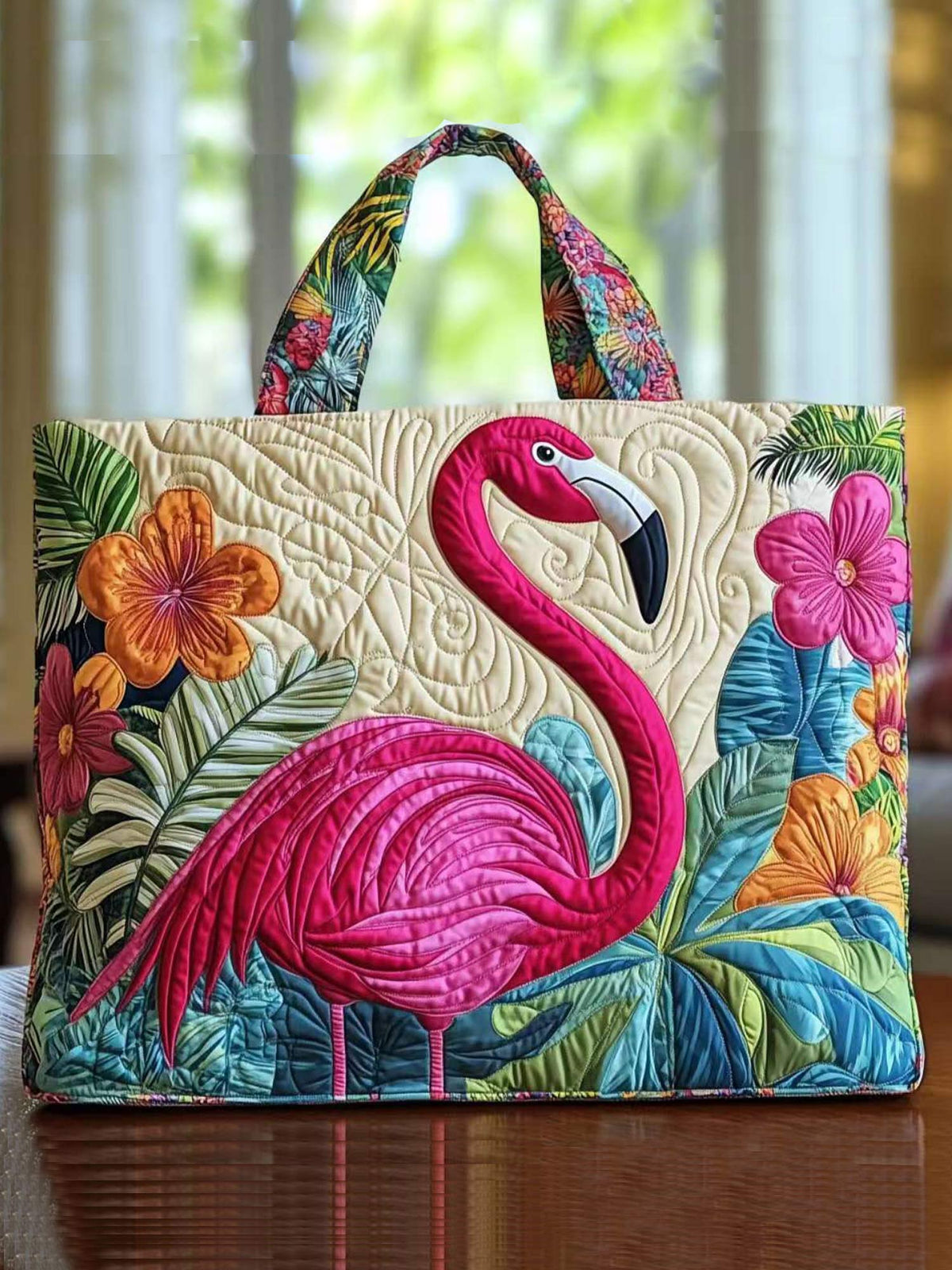 Pink flamingo and floral print quilted tote bag