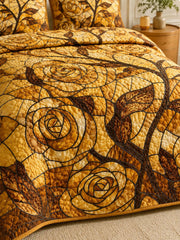 Golden Rose Quilted 3-Piece Bedding Set – Vintage Stained Glass Quilted Bedding With Matching Pillow Shams