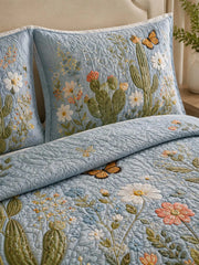 Southwestern Cactus Landscape Quilted 3-Piece Bedding Set – Rustic Western Quilted Bedding with Matching Pillow Shams